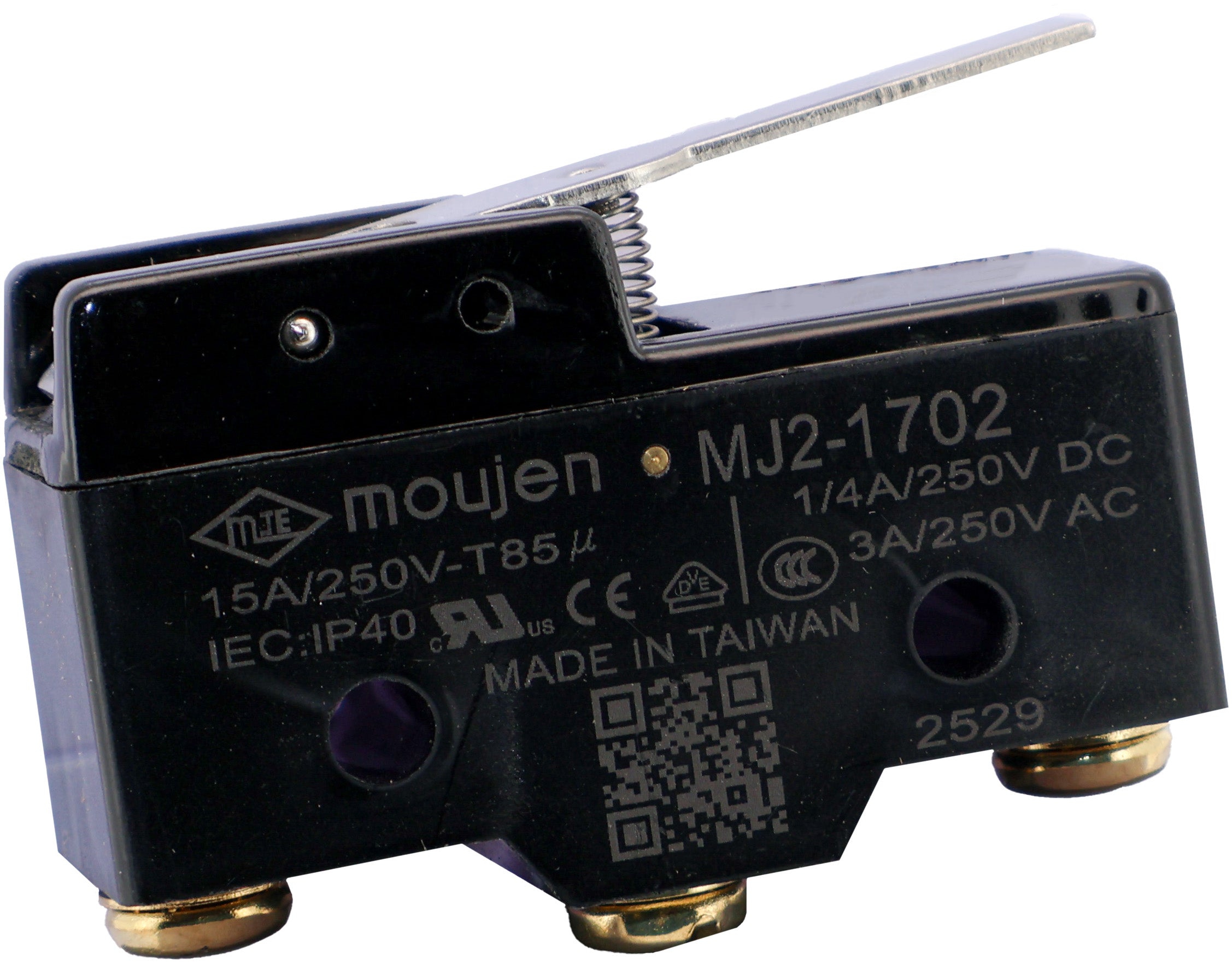 The MJ2-1702 is a limit switch from the MJ2 -Series, The MJ2-1702 has a straight metal lever with a radius of 38.2mm.