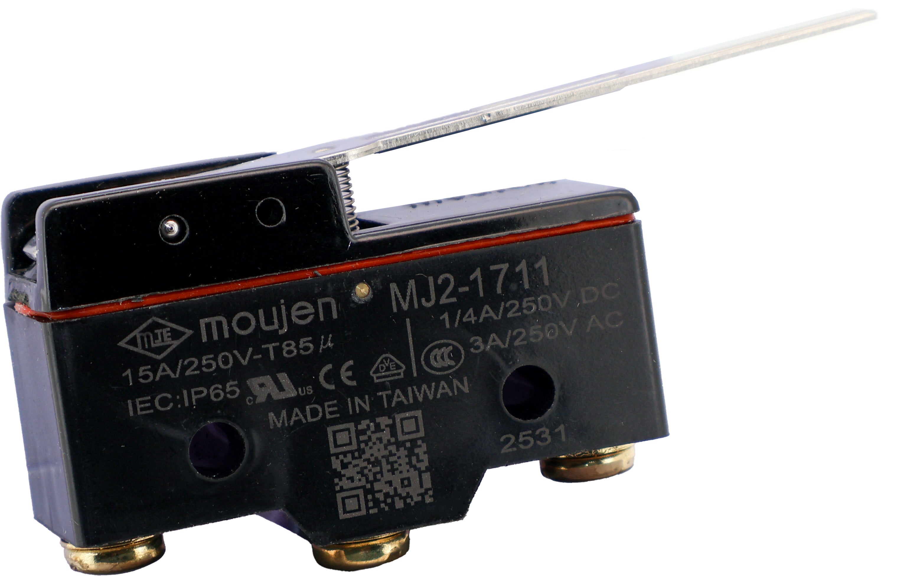 The MJ2-1711 is a limit switch from the MJ2 -Series, The MJ2-1711 has a straight metal lever with a radius of 63.5mm. The MJ2-1711 has seals that are oil resistant.